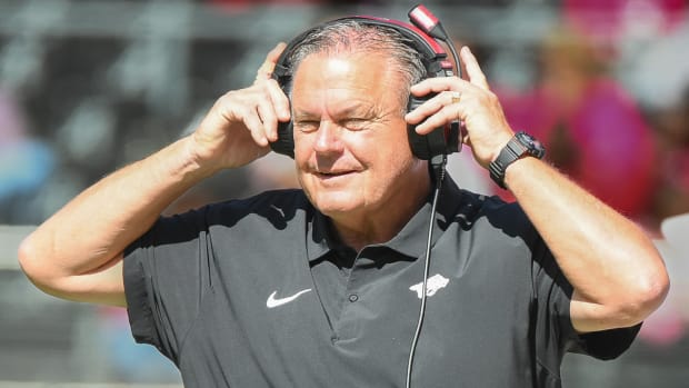 Razorbacks coach Sam Pittman on the sidelines against Alabama